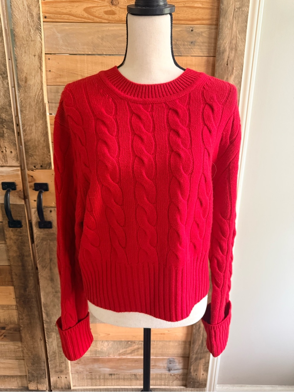 J. Crew Red Cable Knit Cashmere Crewneck Sweater